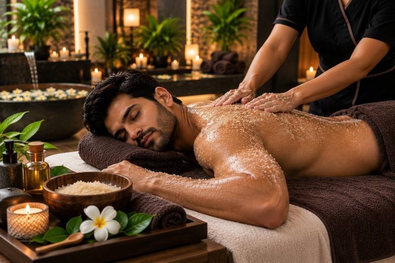 Exfoliating salt body scrub treatment at our spa in Pune
