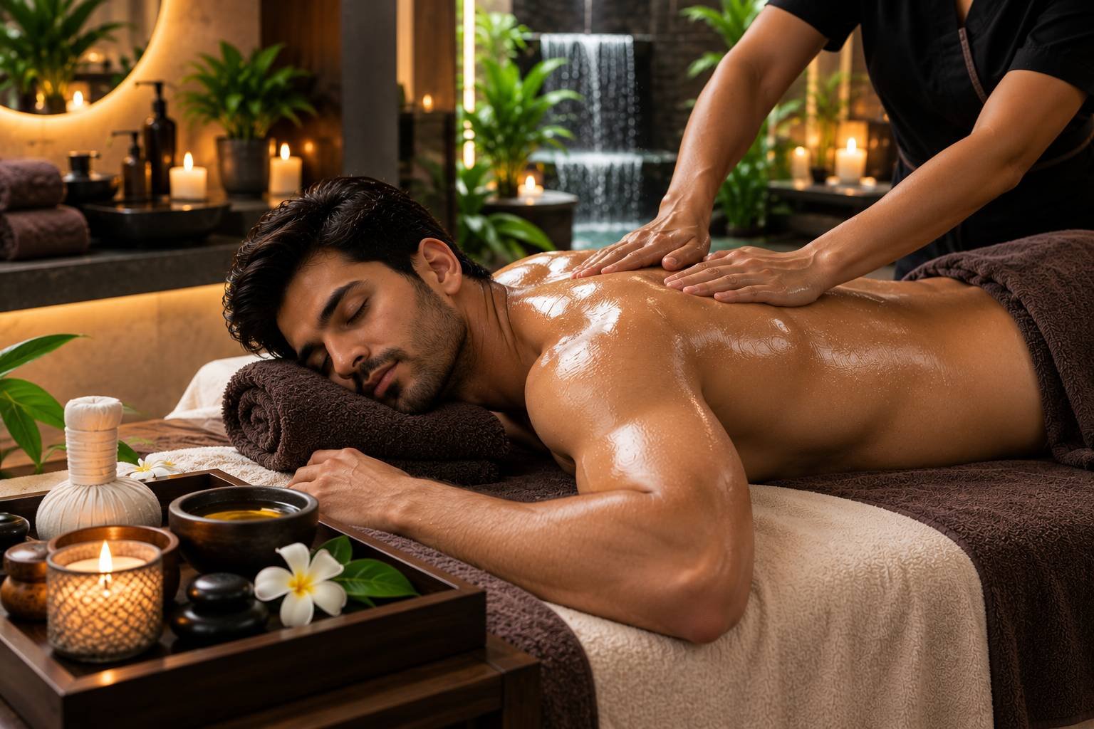 Deep tissue back oil massage at our massage center in Pune