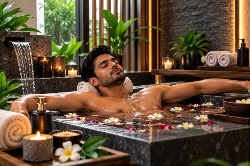 Luxury flower bath soak at the spa near Undri, Pune