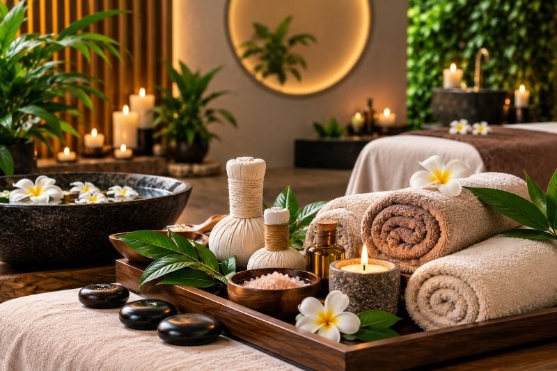 Massage oils, herbal poultices and rolled towels at Relax Spa Center, Pune