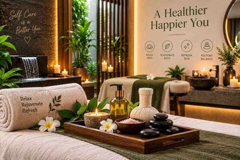 Spa therapy room with candles, towels and greenery in Pisoli, Pune